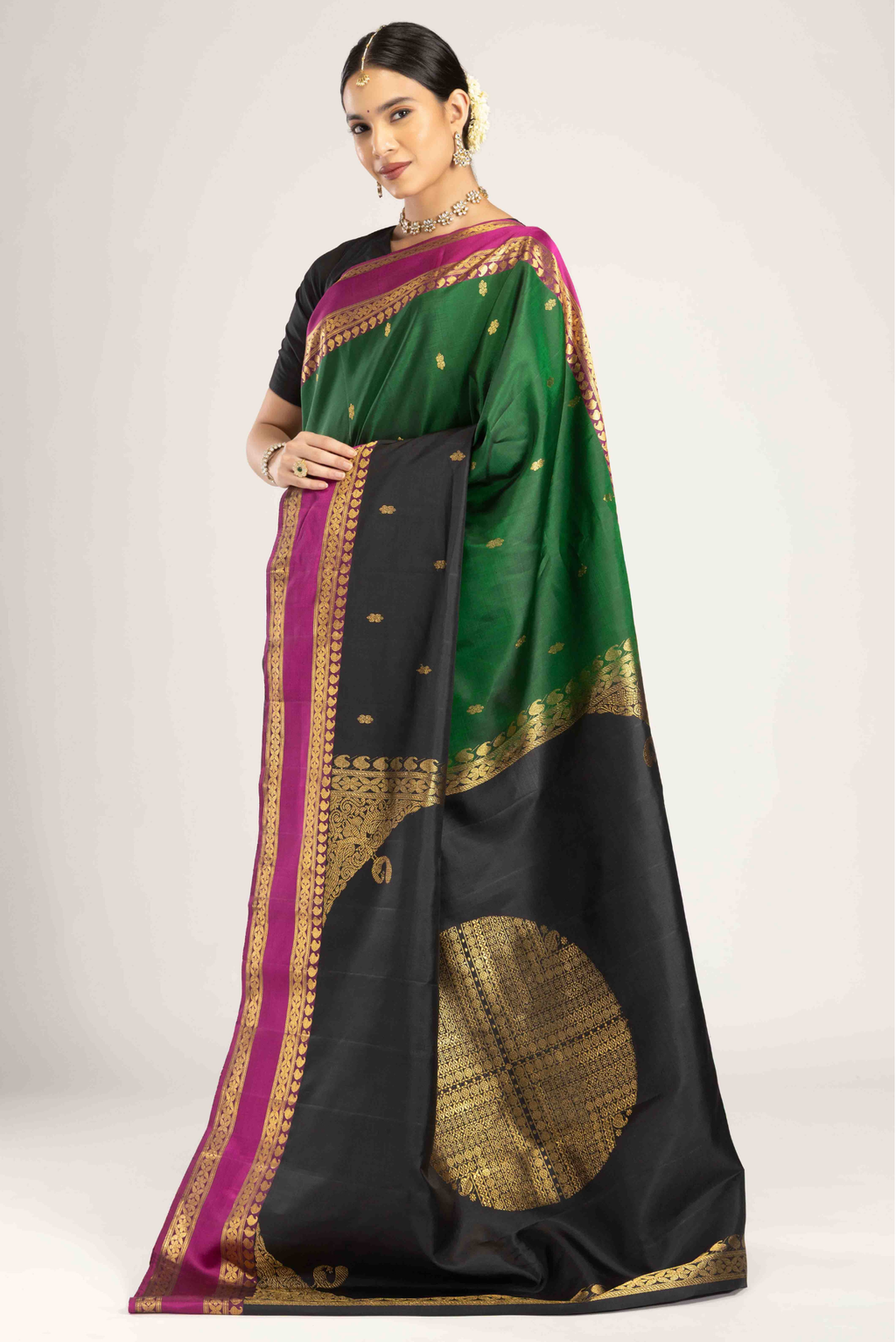 Rudraksha- Black with Green Half and Half Kanchipuram Silk Saree