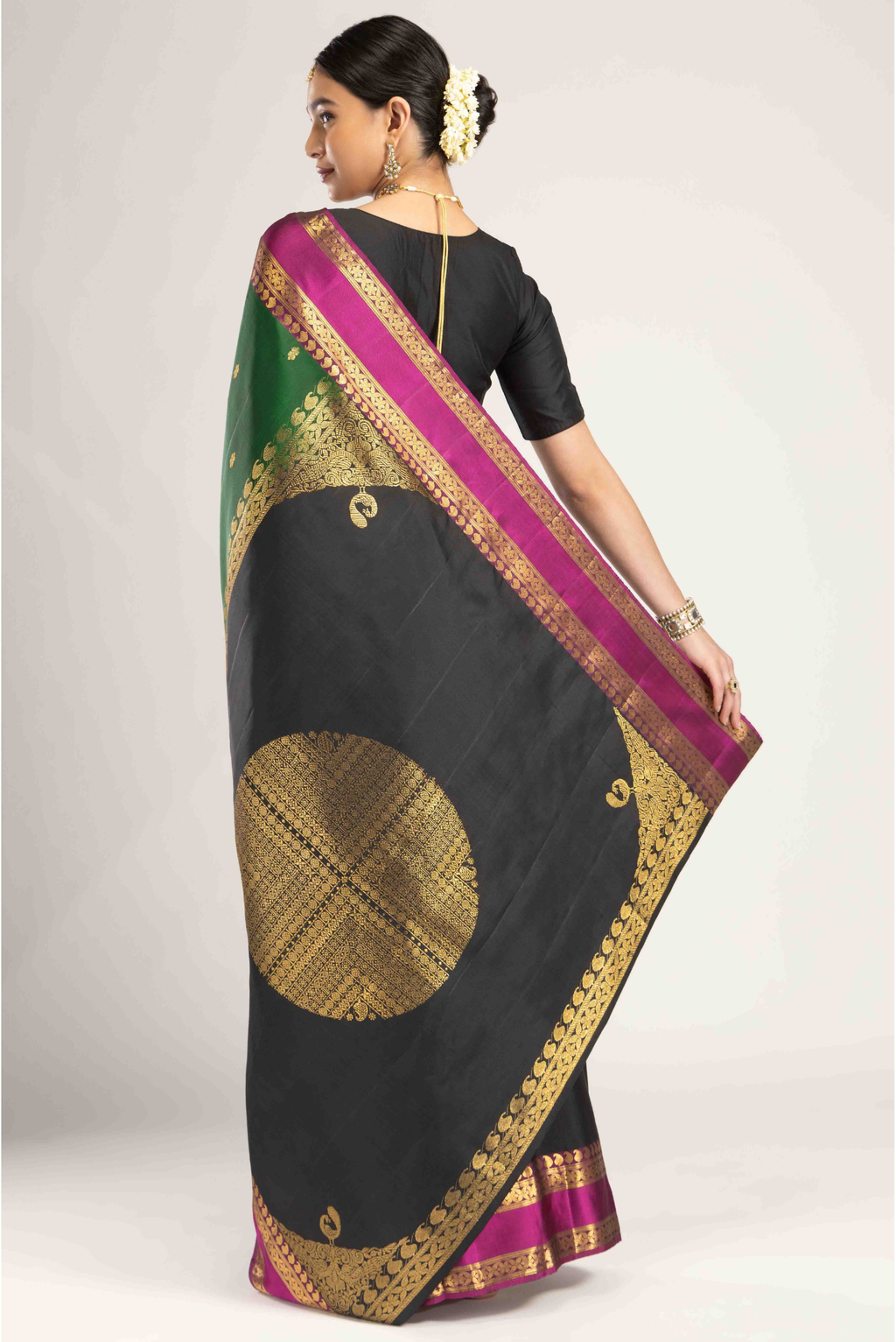 Rudraksha- Black with Green Half and Half Kanchipuram Silk Saree