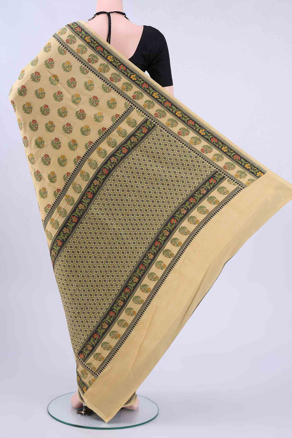 Flat view of Cream Banarasi Saree with Thread Butta on the body and Thread Border