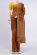 Mustard Kanchi Cotton Saree with Stripes on the body and Plain Border displayed on a mannequin