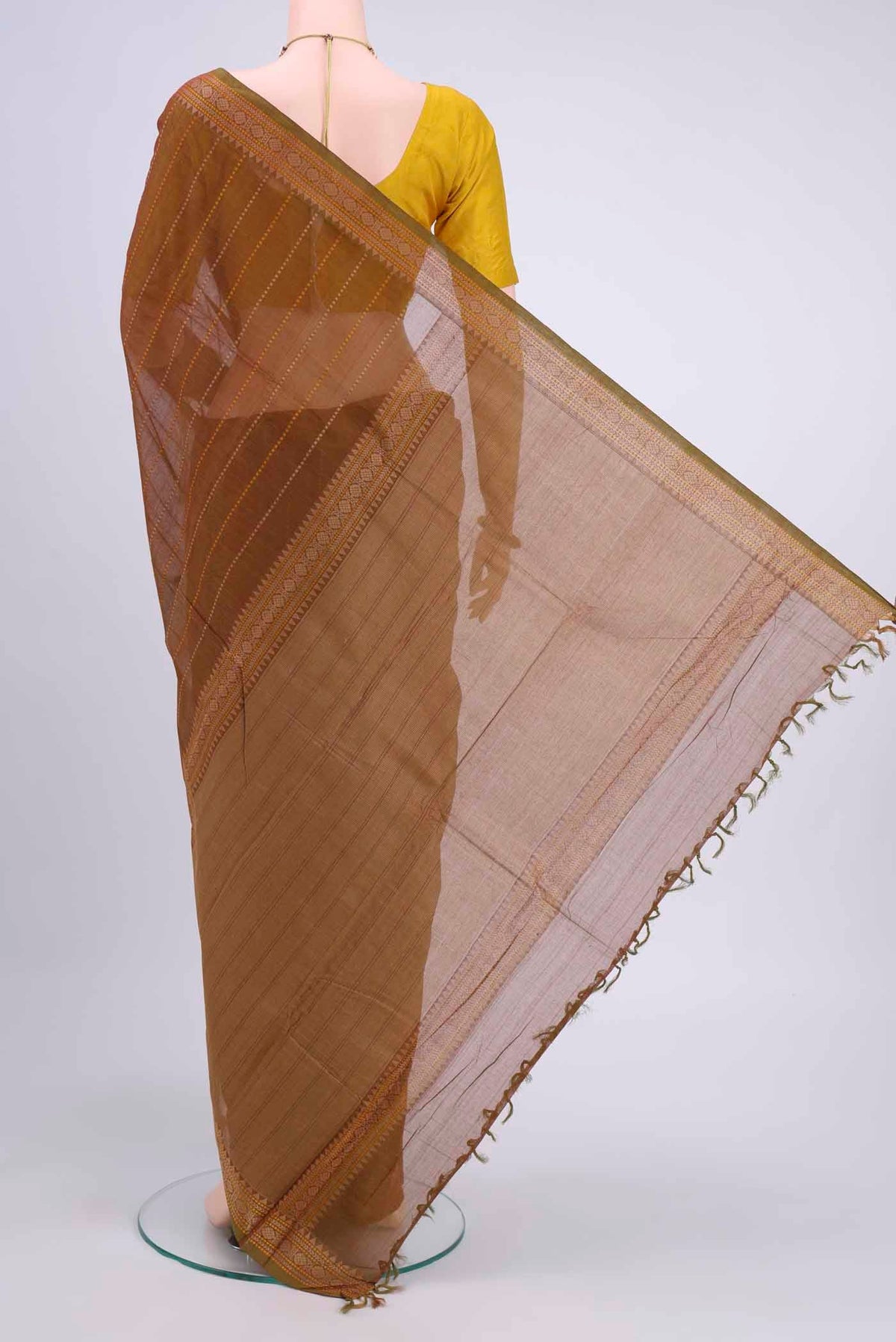 Flat view of Mustard Kanchi Cotton Saree with Stripes on the body and Plain Border