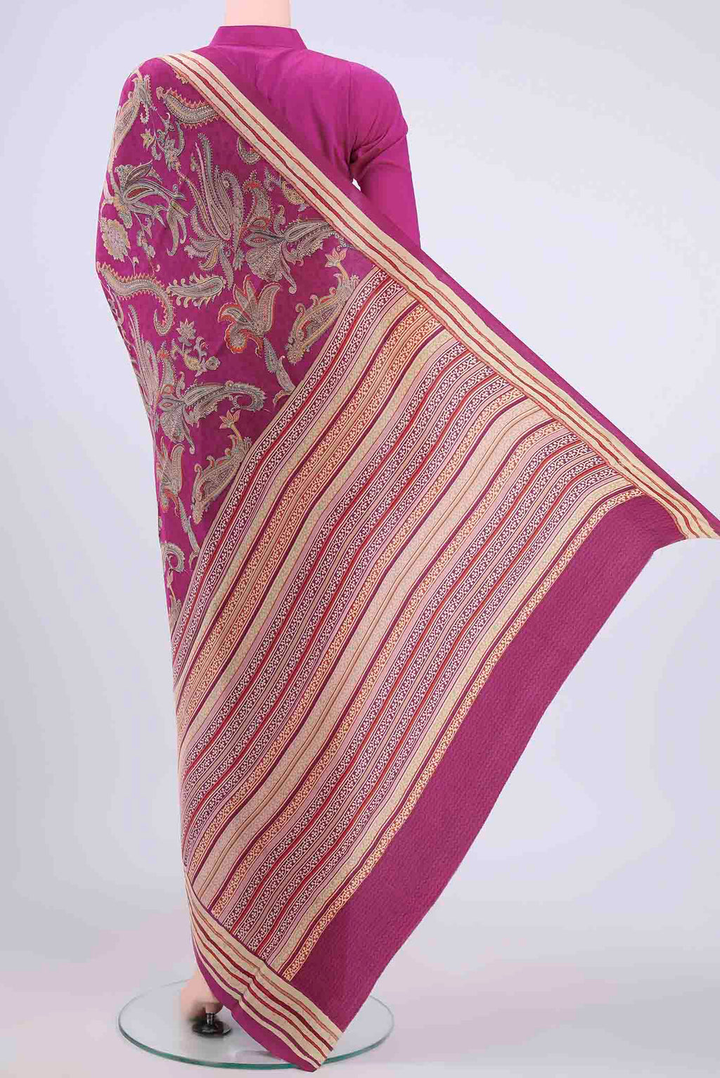 Flat view of Magenta Mysore Crepe Saree with Printed design on the body and Plain Border