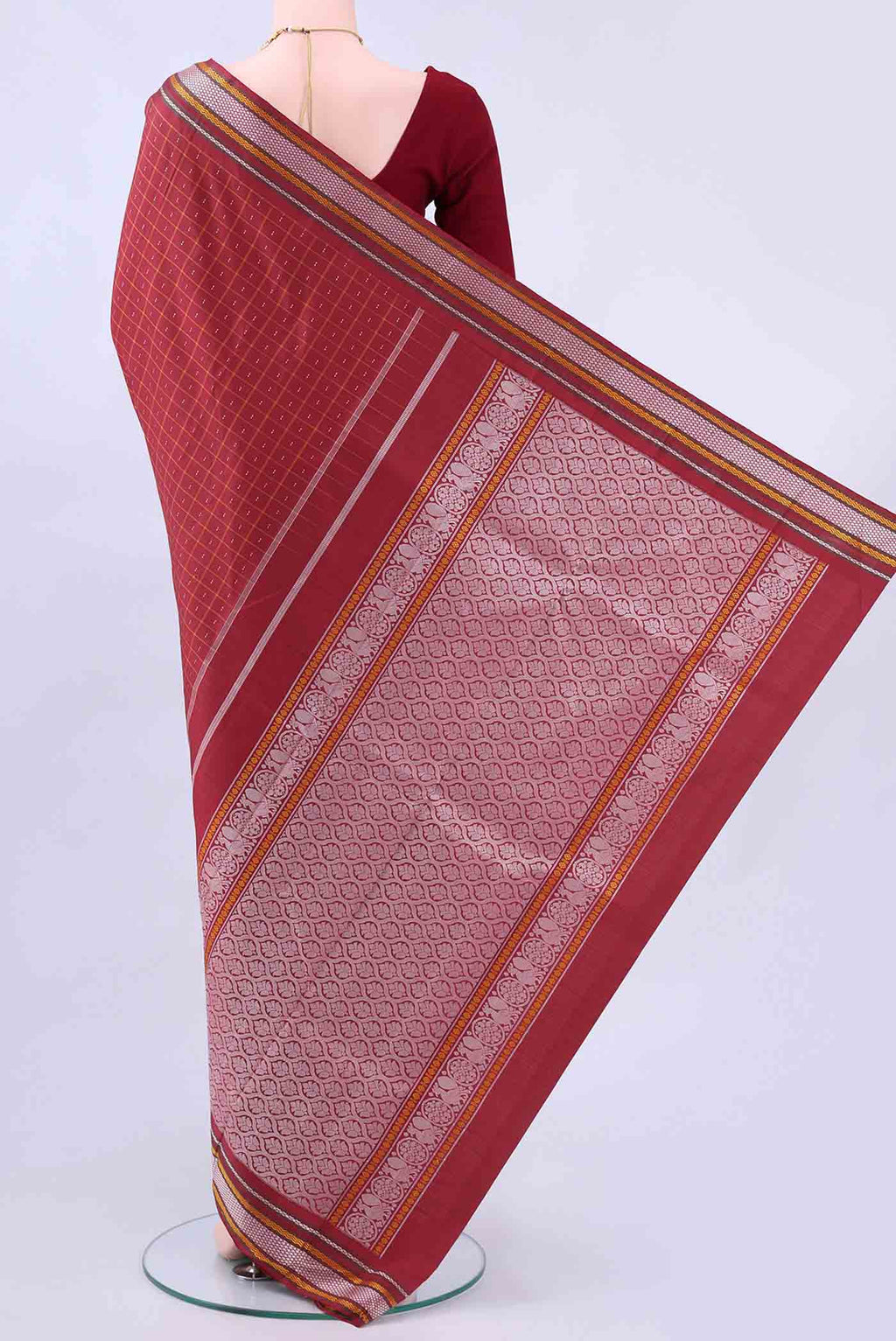 Flat view of Red Kanchipuram Saree Checked design on the body and Thread Border