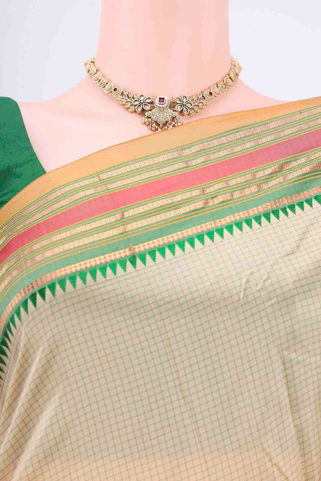 Border image of Beige Narayanpet Silk Saree with Checked design on the body and Zari Border