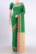 Green Narayanpet Silk Saree with Checked design on the body and Zari Border displayed on a mannequin