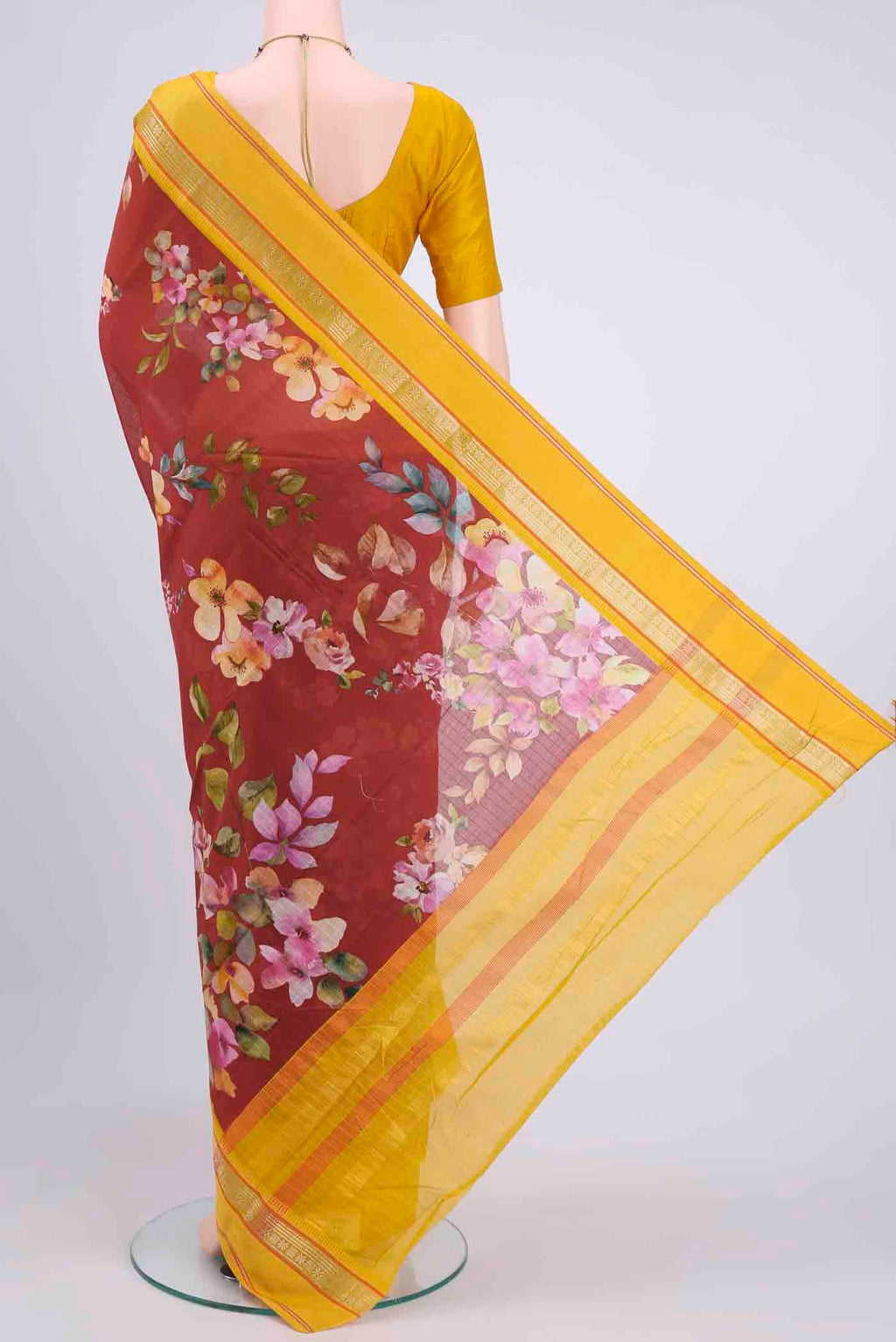 Flat view of Maroon Chanderi Silk Cotton Saree with Floral Print on the body and Zari Border