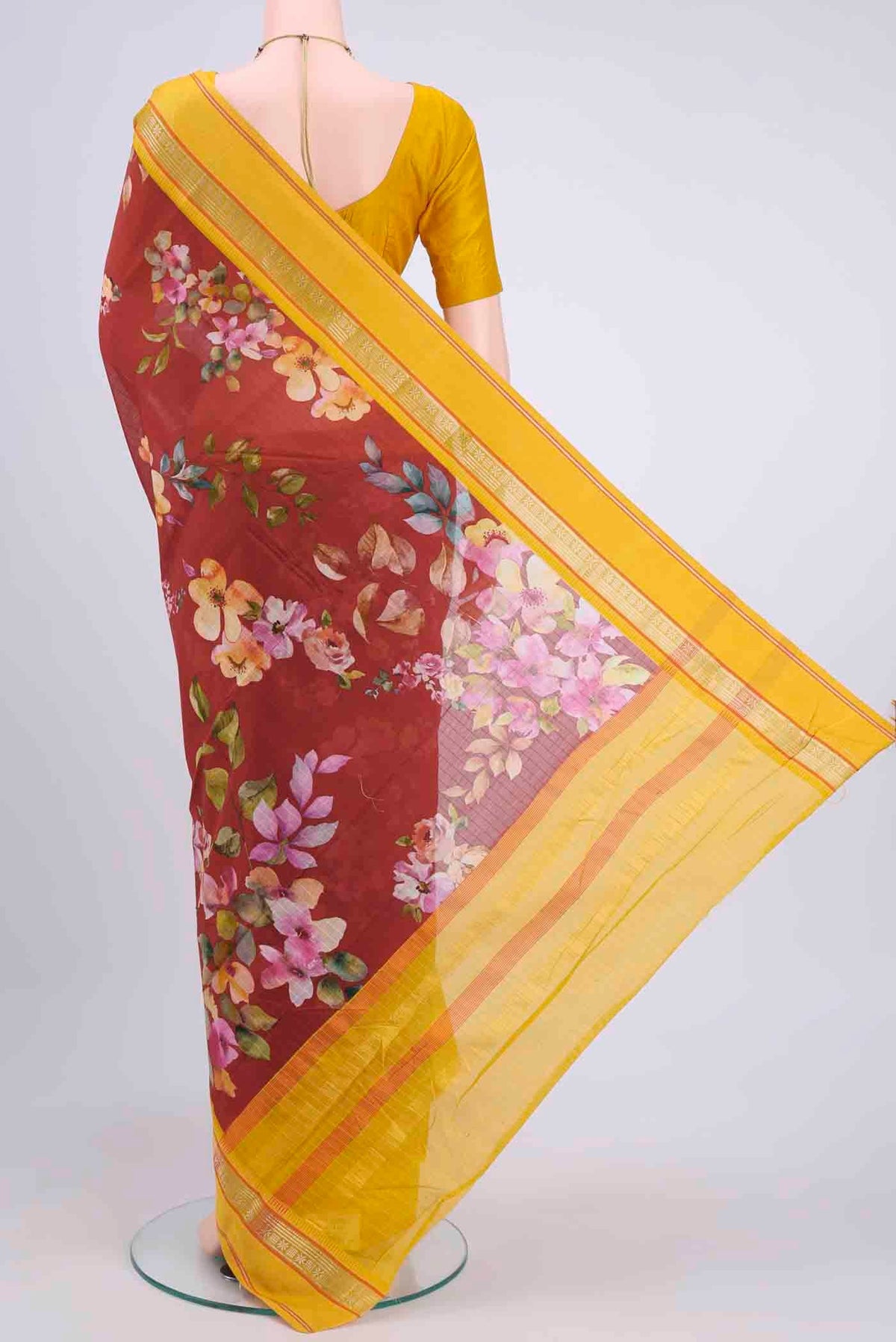 Flat view of Maroon Chanderi Silk Cotton Saree with Floral Print on the body and Zari Border
