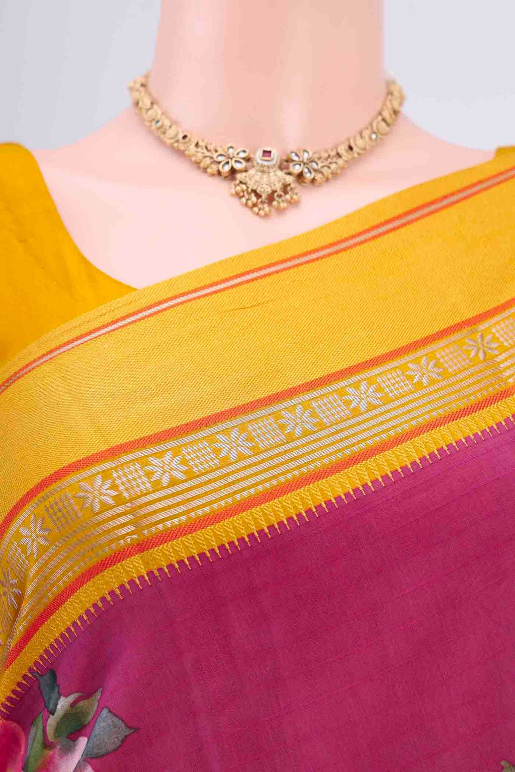 Border image of Rani Pink Chanderi Silk Cotton Saree with Floral Print on the body and Zari Border