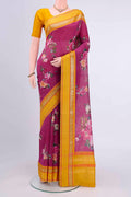 Rani Pink Chanderi Silk Cotton Saree with Floral Print on the body and Zari Border displayed on a mannequin