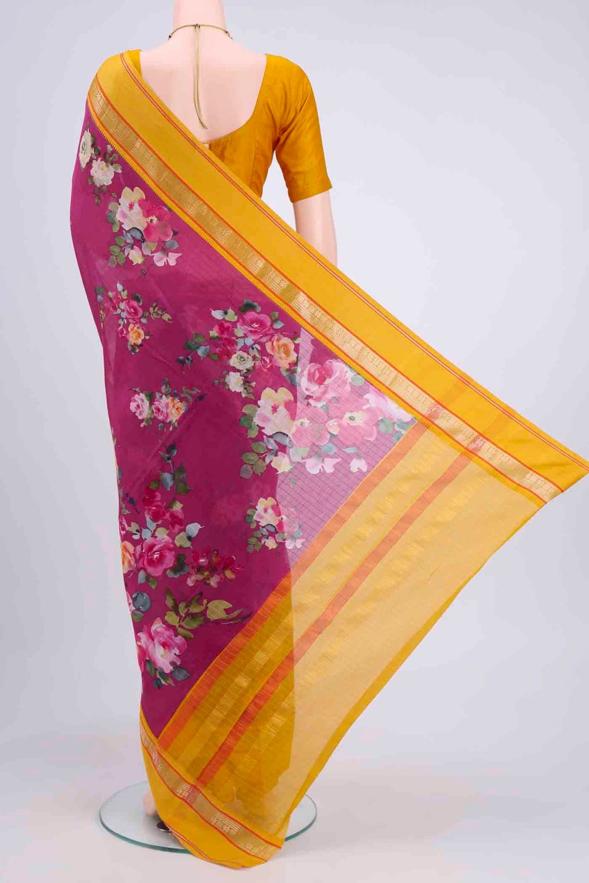 Flat view of Rani Pink Chanderi Silk Cotton Saree with Floral Print on the body and Zari Border