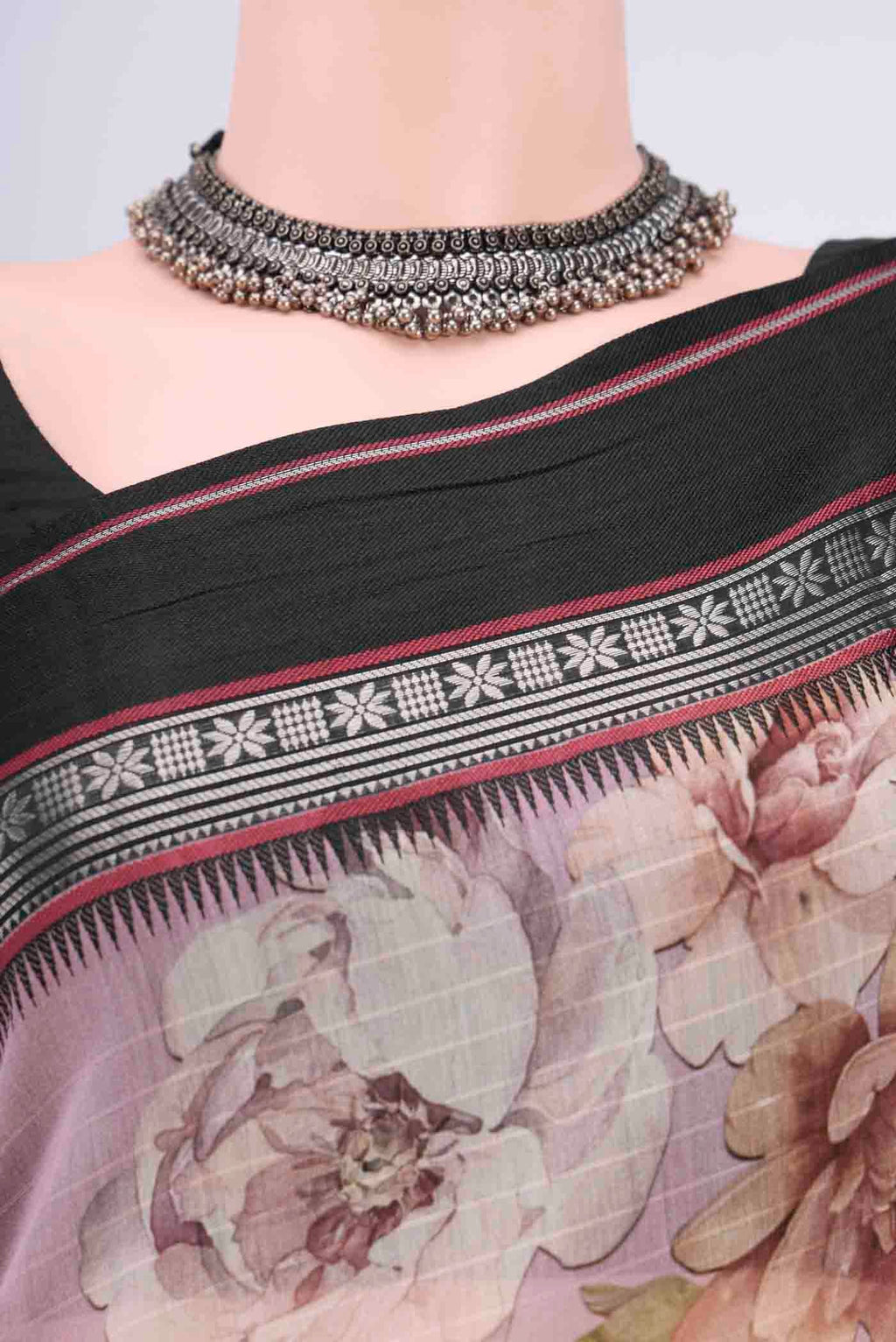 Border image of Mauve Chanderi Silk Cotton Saree with Floral Print on the body and Zari Border