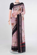 Mauve Chanderi Silk Cotton Saree with Floral Print on the body and Zari Border displayed on a mannequin