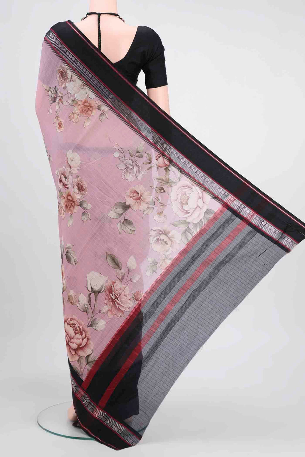 Flat view of Mauve Chanderi Silk Cotton Saree with Floral Print on the body and Zari Border