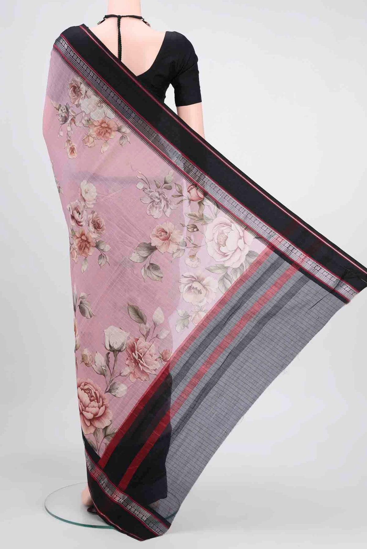 Flat view of Mauve Chanderi Silk Cotton Saree with Floral Print on the body and Zari Border