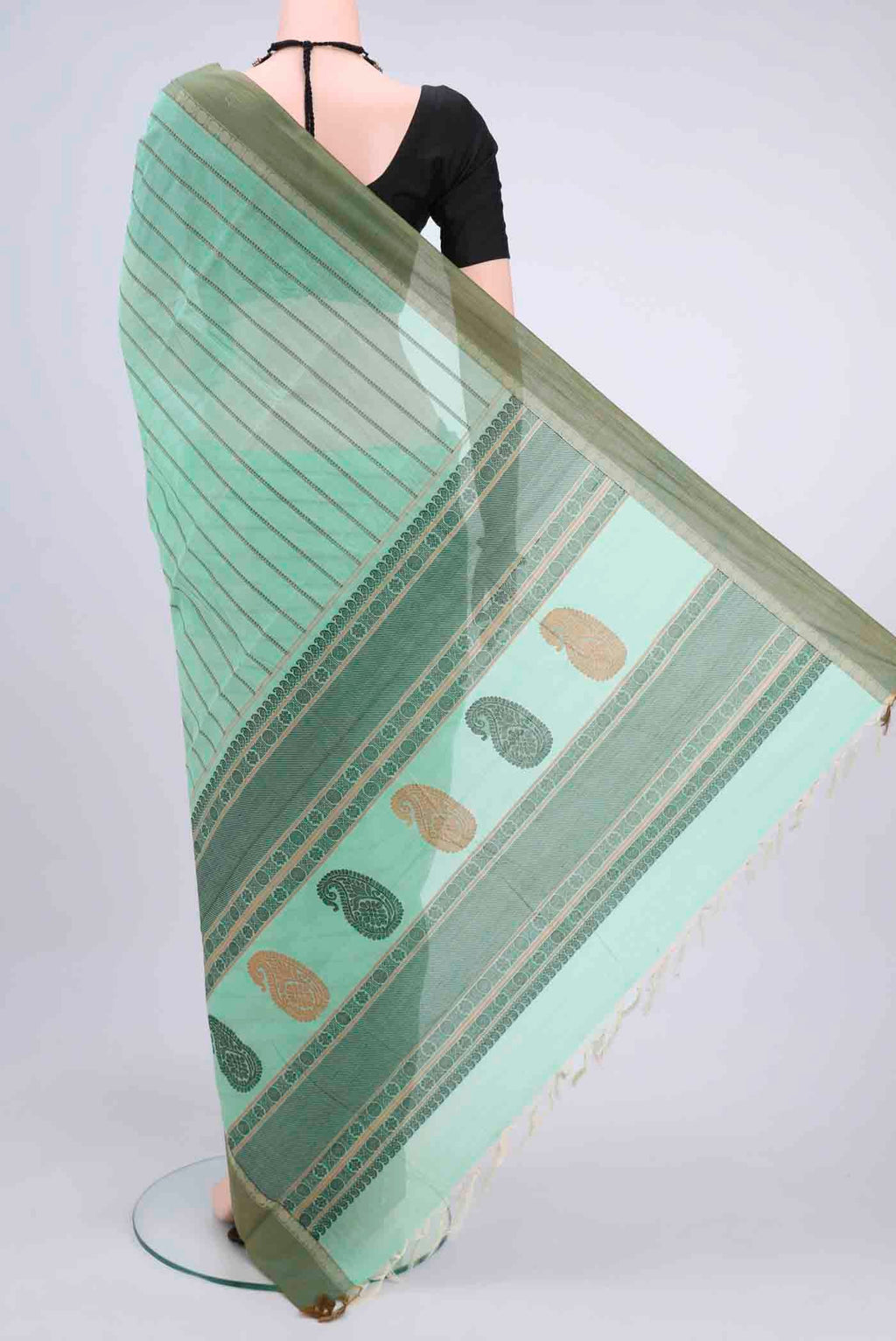 Flat view of Mint Green Kanchi Cotton Saree with Stripes on the body and Thread Border