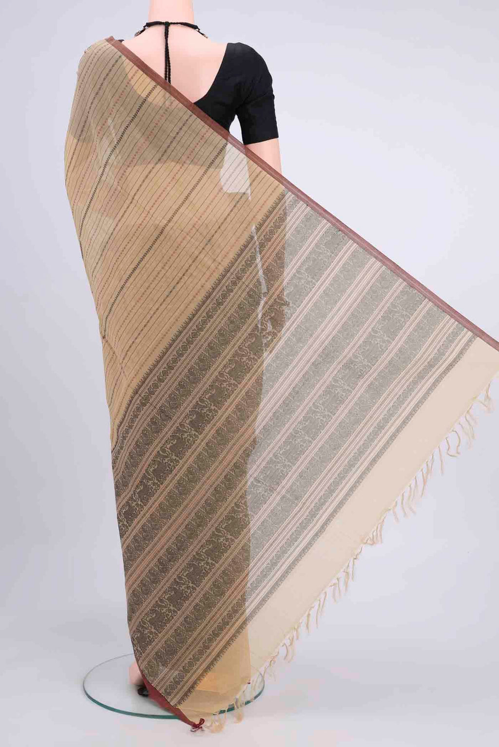 Flat view of Beige Kanchi Cotton Saree with Stripes on the body and Plain Border