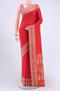 Red Bangalore Silk - kadyal Saree with Plain Body and Zari Border displayed on a mannequin