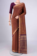Pure Silk Pure Zari Burgundy Kanjivaram Saree with Jacquard design on the body and Zari Border.  displayed on a mannequin