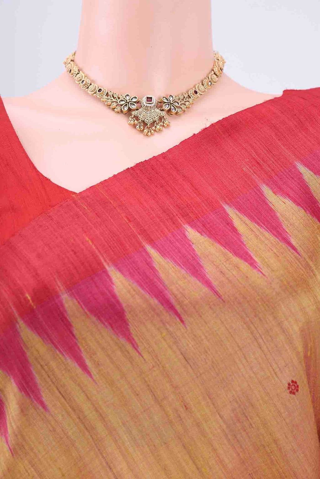 Border image of Golden Tussar Silk Saree with Thread Butta on the body and Temple Border