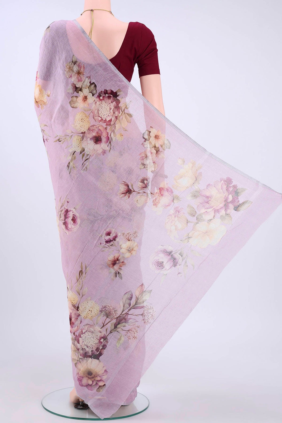 Flat view of Lilac Linen Saree with Printed design on the body and Zari Border