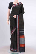 Black Kanchipuram Silk Saree with Checked design on the body and Thread Border displayed on a mannequin