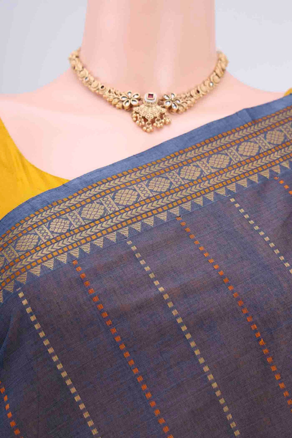 Border image of Navy Blue Kanchi Cotton Saree with Stripes on the body and Plain Border