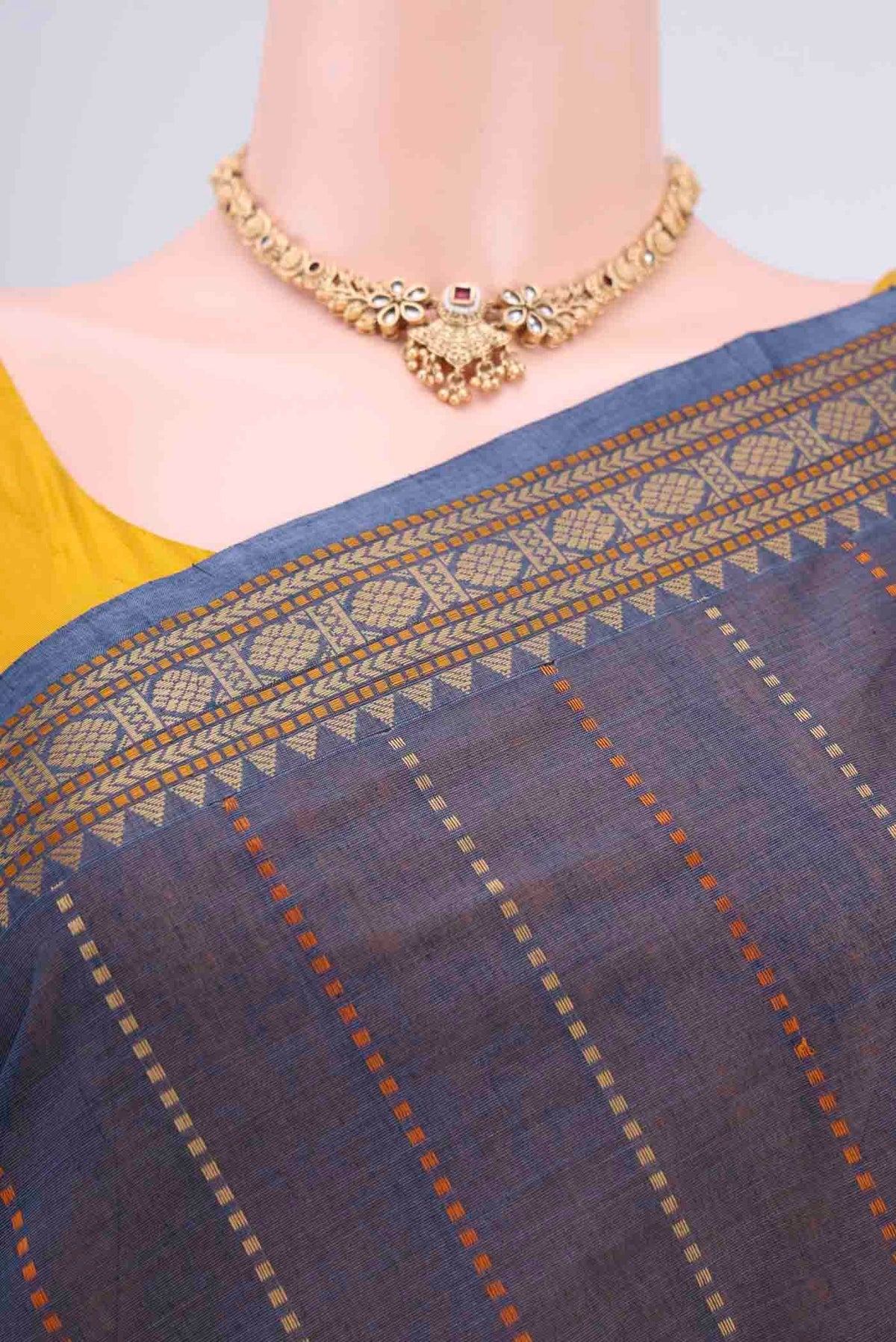 Border image of Navy Blue Kanchi Cotton Saree with Stripes on the body and Plain Border