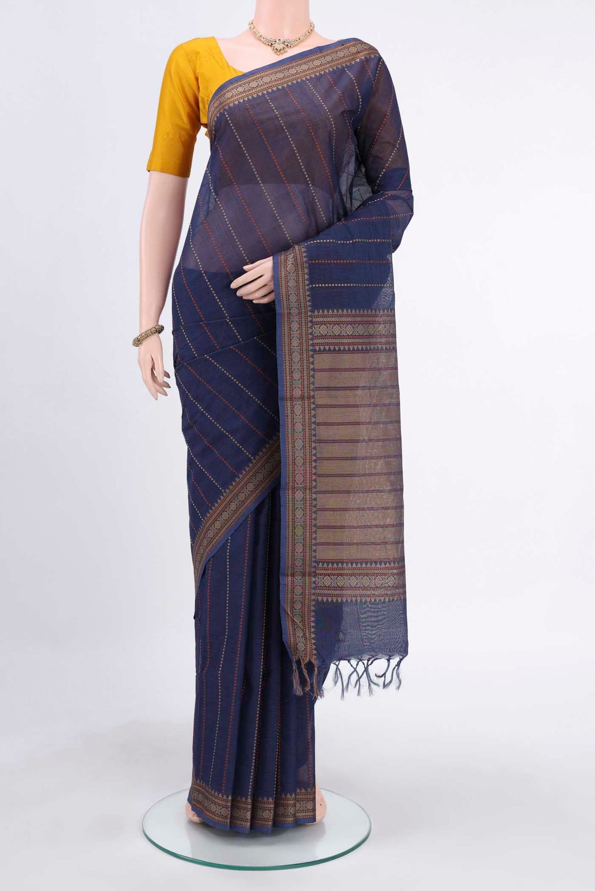 Navy Blue Kanchi Cotton Saree with Stripes on the body and Plain Border displayed on a mannequin