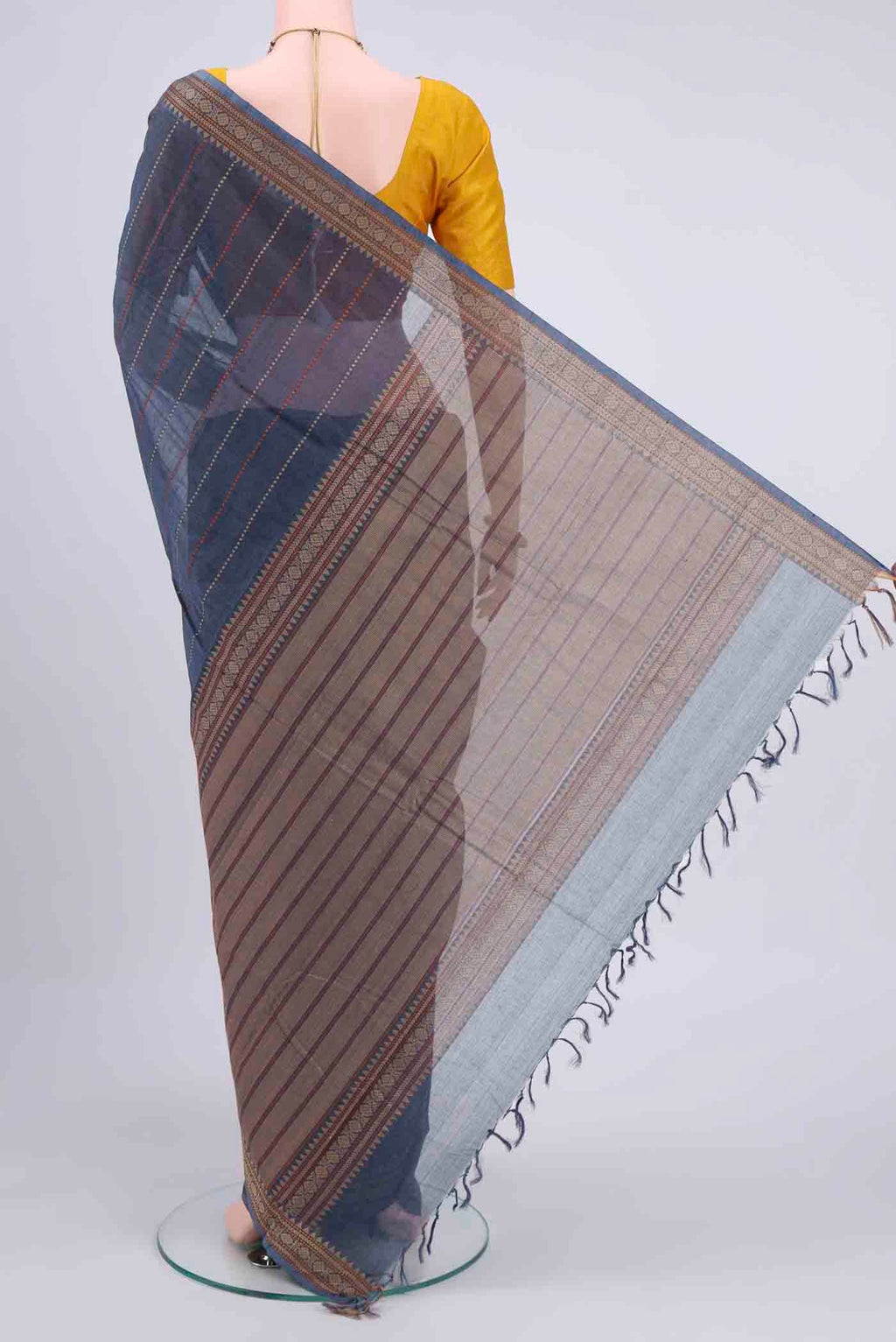 Flat view of Navy Blue Kanchi Cotton Saree with Stripes on the body and Plain Border