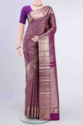 Purple Kanchipuram Saree with Zari Brocade on the body and Zari Border displayed on a mannequin