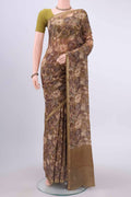 Mehandi Green Mysore Crepe Saree with Printed design on the body and Zari Border displayed on a mannequin