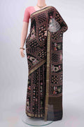 Black Mysore Crepe Saree with Printed design on the body and Zari Border displayed on a mannequin