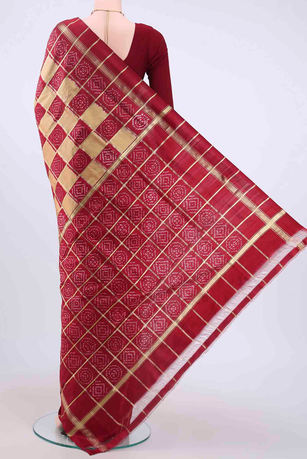 Flat view of Peach Pochampally Silk Saree with Checked design on the body and Zari Border