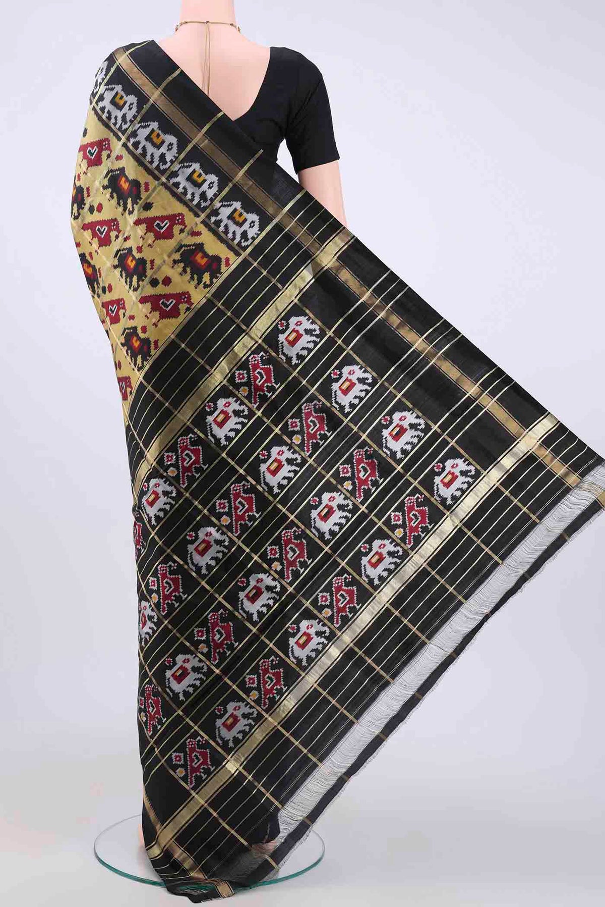 Flat view of Mehandi Green Pochampally Silk Saree with Checked design on the body and Zari Border