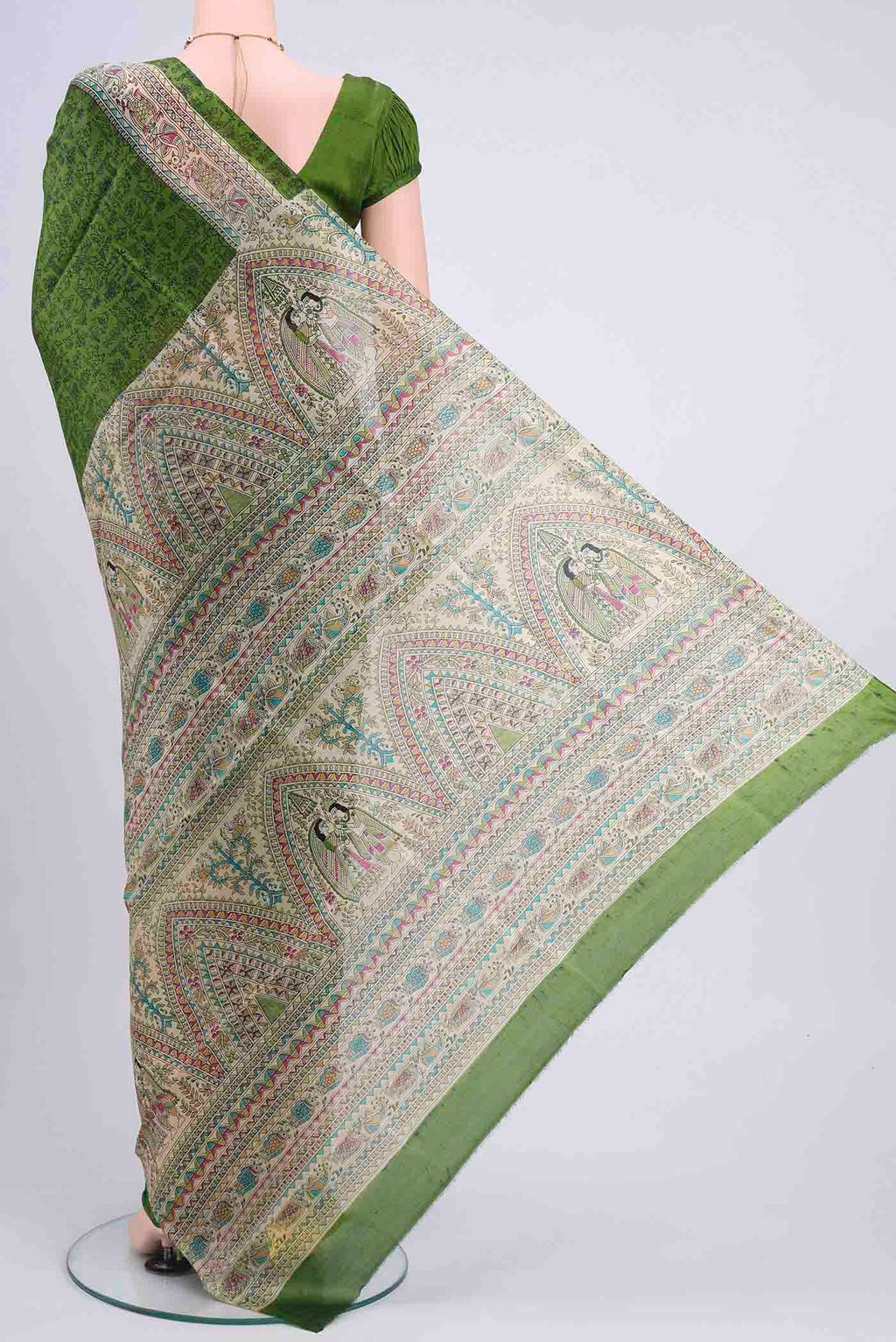 Flat view of Mehandi Green Printed Silk Saree with Printed design on the body and Printed Border