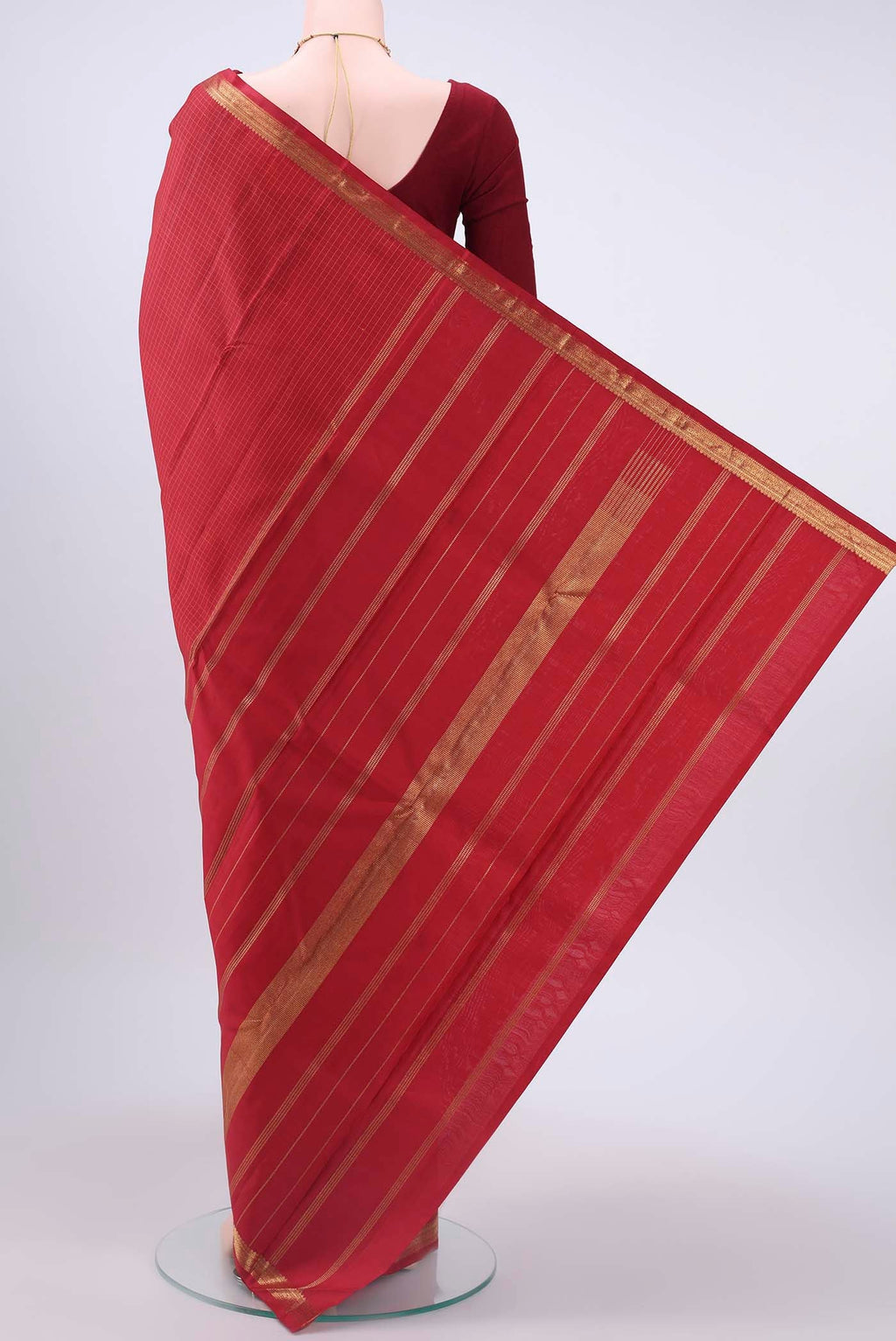 Flat view of Red Kanchipuram Silk Saree with Checked design on the body and Zari Border