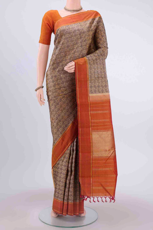 Beige Dual Tone Kanchipuram Silk Saree with Checked design on the body and Thin Zari Line displayed on a mannequin