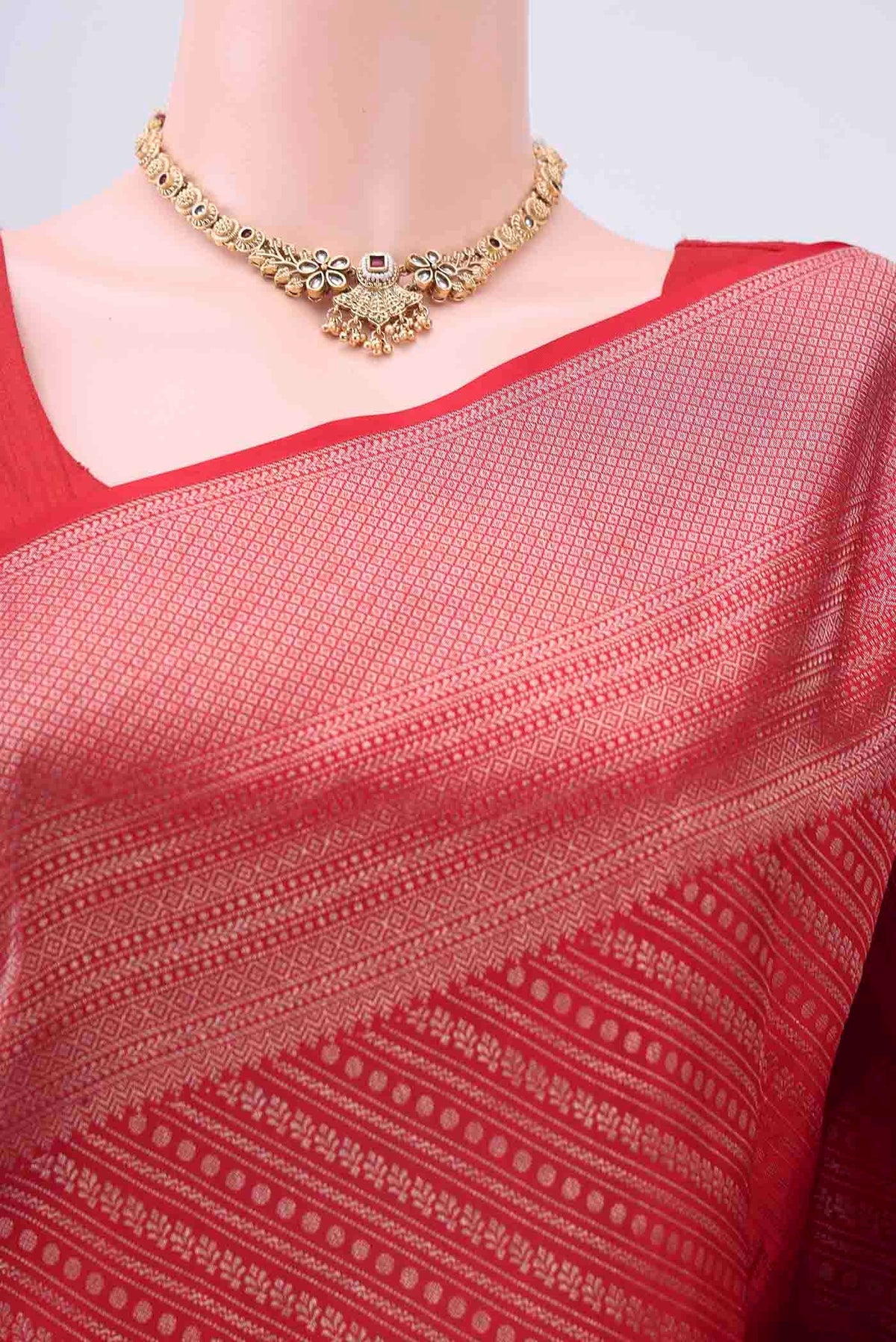 Border image of Red Kanchipuram Silk Saree with Zari Brocade on the body and Zari Border