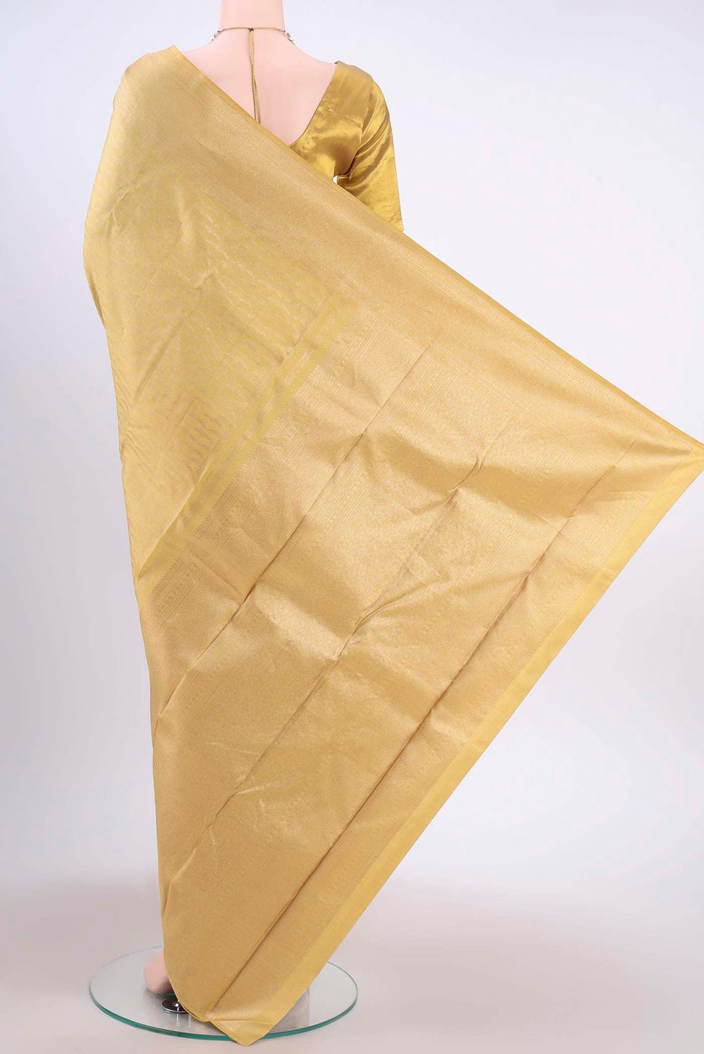 Flat view of Golden Dual Tone Kanchipuram Saree with Zari Brocade on the body and Zari Border