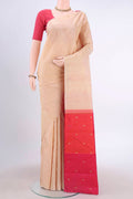 Beige Kanchipuram Silk Saree with Thread Butta on the body and Without Border displayed on a mannequin