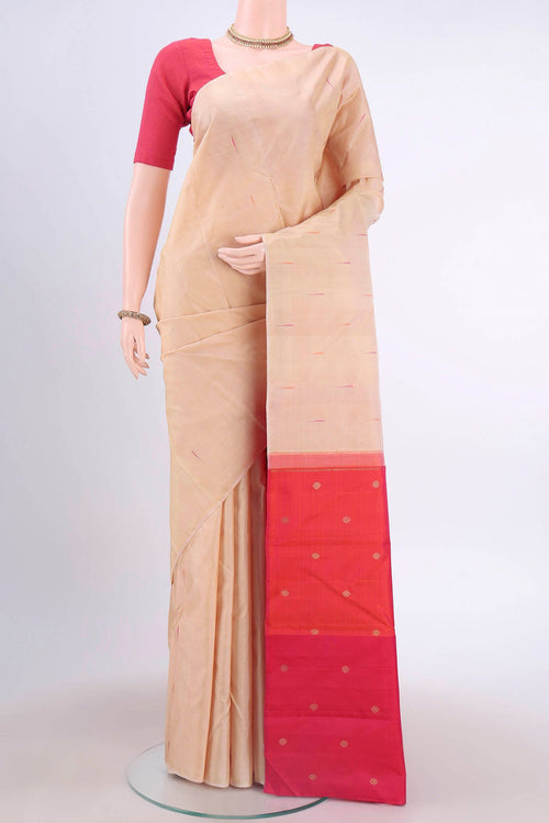 Beige Kanchipuram Silk Saree with Thread Butta on the body and Without Border displayed on a mannequin