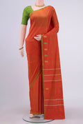 Brick Orange Kanchipuram Silk Saree with Thread Butta on the body and Thread Border displayed on a mannequin