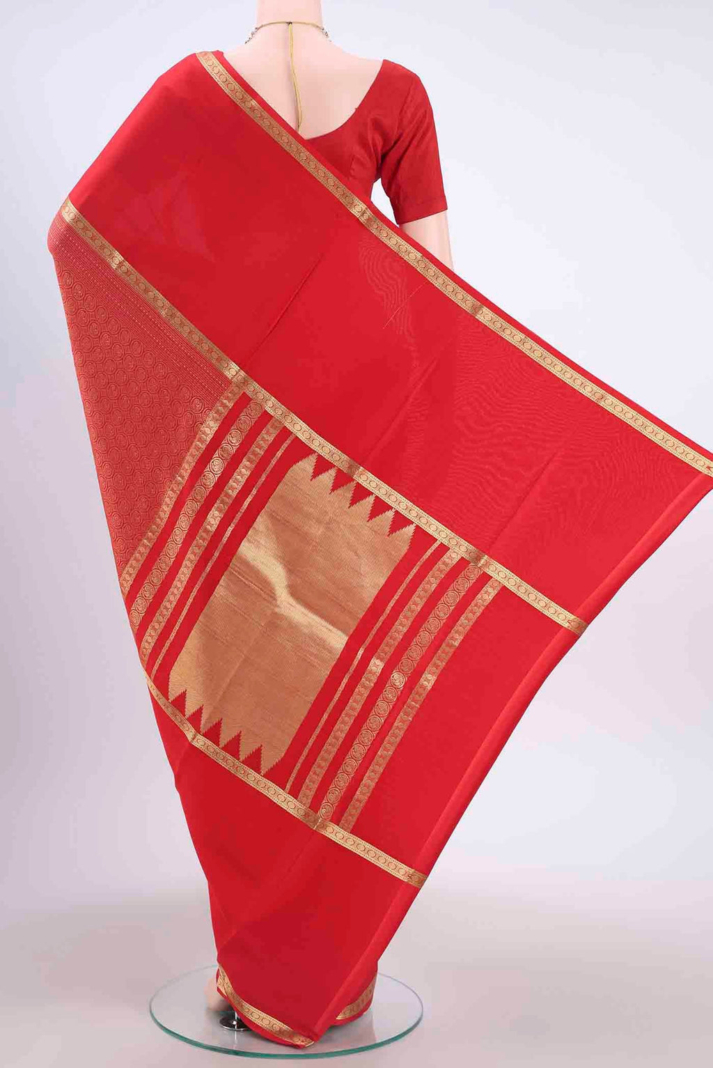 Flat view of Red Mysore Crepe Saree with Jacquard design on the body and Zari Border