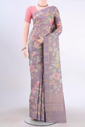 Mauve Tussar Silk Saree with Floral Print on the body and Zari Border displayed on a mannequin