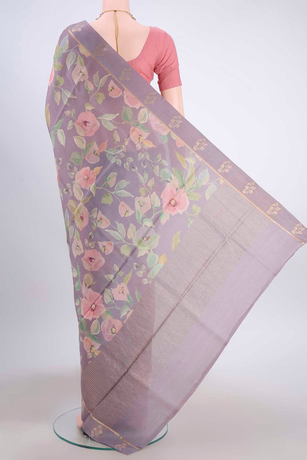 Flat view of Mauve Tussar Silk Saree with Floral Print on the body and Zari Border