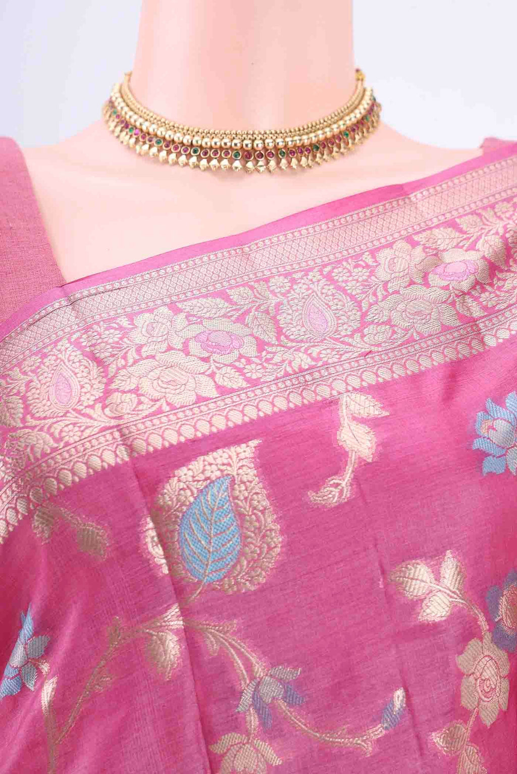 Border image of Pink Banarasi Tussar Silk Saree with Zari Brocade on the body and Zari Border