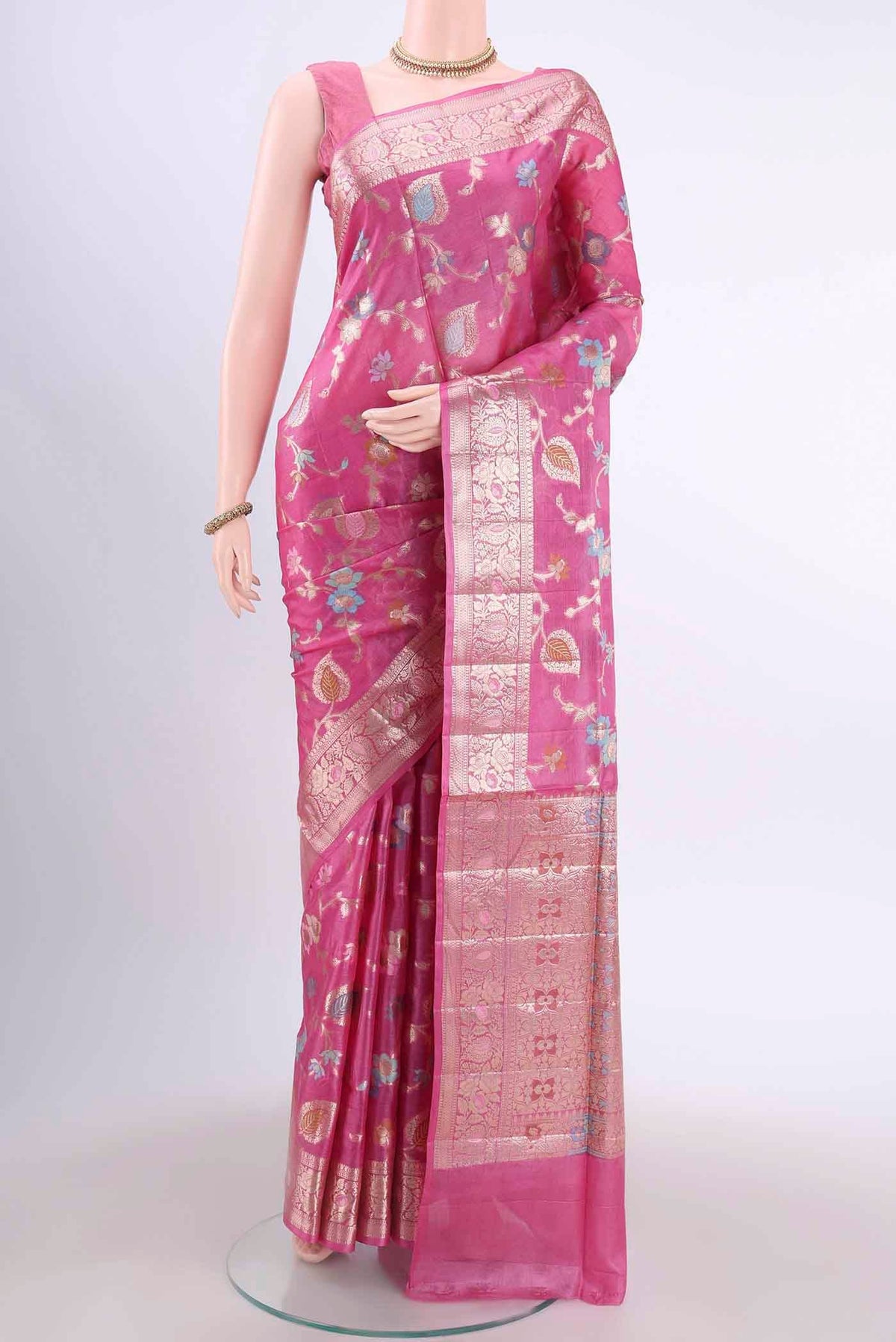 Pink Banarasi Tussar Silk Saree with Zari Brocade on the body and Zari Border displayed on a mannequin
