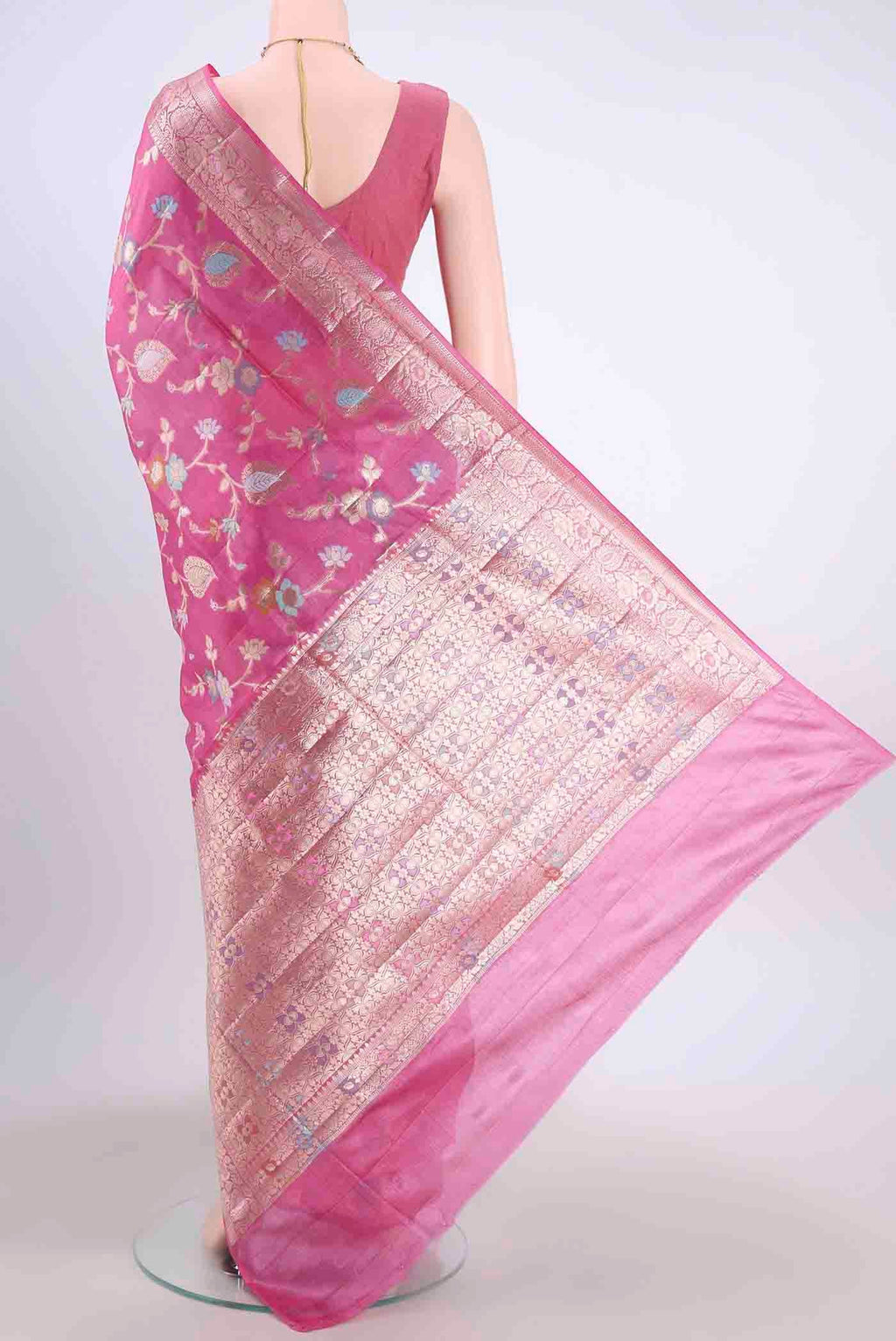 Flat view of Pink Banarasi Tussar Silk Saree with Zari Brocade on the body and Zari Border