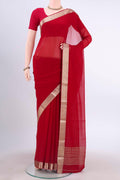Red Mysore Georgette Saree with Plain Body and Zari Border displayed on a mannequin