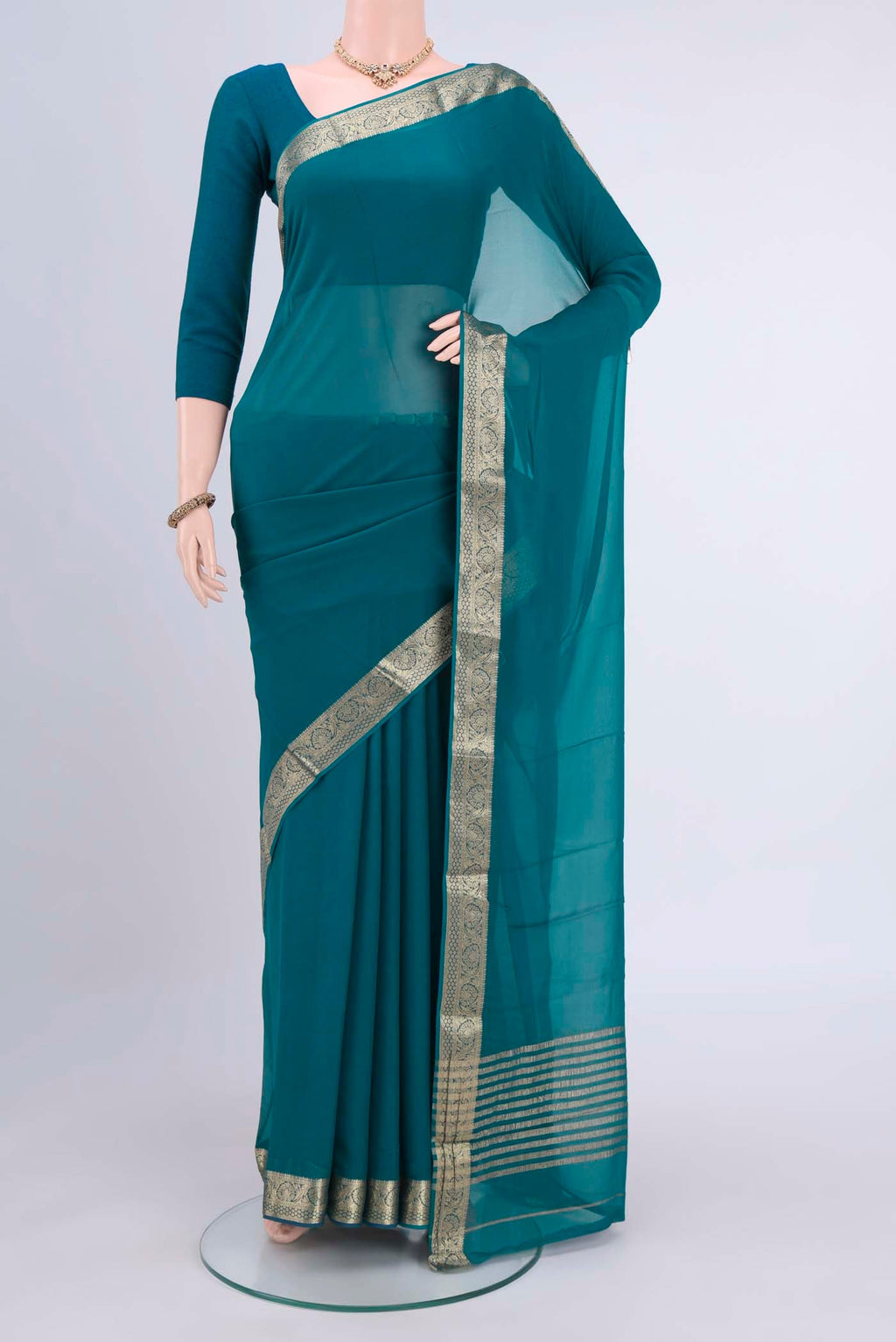 Blue Dual Tone Mysore Chiffon Saree with Plain Body and Zari Border displayed on a mannequin